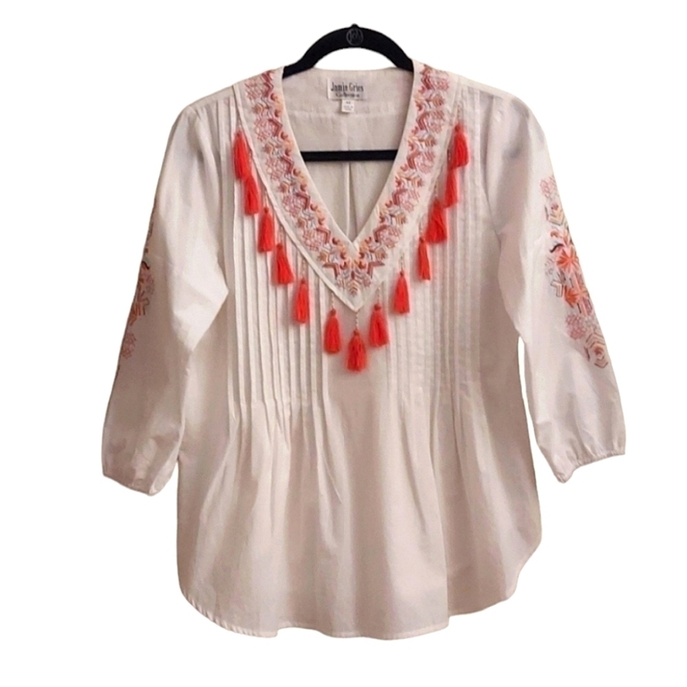 JAMIE GRIES V Neck Tassle Embroidered 100% Cotton Pintuck Top XS Aztec Boho